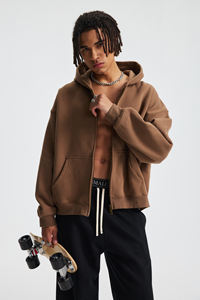 Custom boxy cropped Zip up Hooded <b>Cardigan</b> Unisex 370gsm Fleece Sweatshirt Drop Shoulder Loose <b>hoodie</b> for men puff printing - Product Image 2