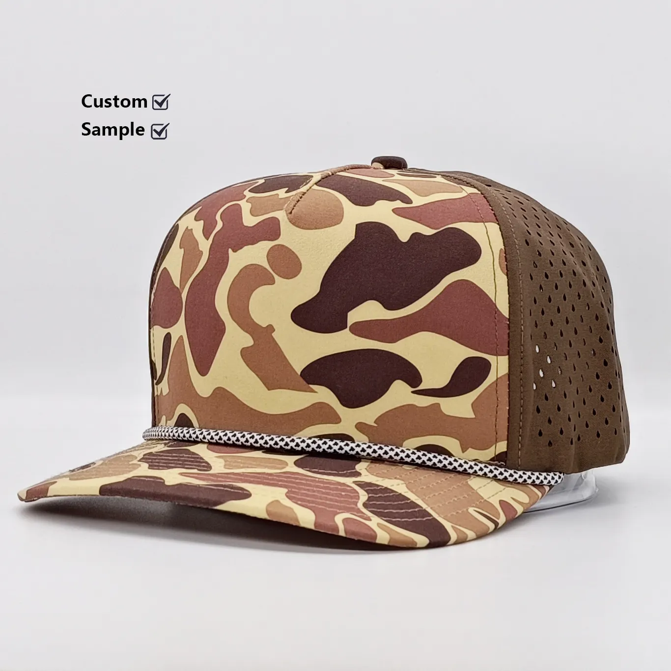Chapeau en corde de camouflage imperméable à cinq panneaux en polyester, chapeau pour homme vintage à motif de camouflage et à facture plate pour la chasse