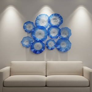 Décorations murales modernes en verre de Murano bleu et blanc, mosaïque murale suspendue, assiettes murales suspendues - Product Image 1