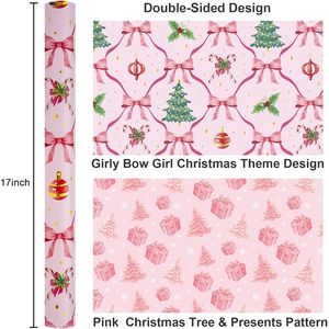 Yarcony Reversible Pink Christmas Wrapping <b>Paper</b> <b>Roll</b> 17 Inch X 33 Feet Double Side Gift Craft Recyclable - Product Image 3
