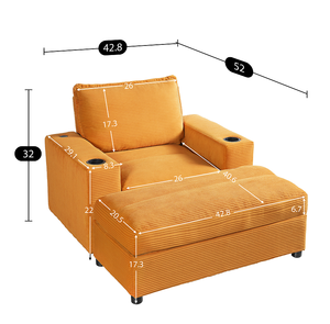 Modern Oversized Chaise Lounge Chair with <b>Storage</b> Ottoman Corduroy Sofa Bed for Living Room with Cup Holders & USB Charging Port - Product Image 4