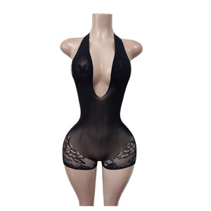Jiubaju Tuta Aderente Sexy in <span class=keywords><strong>Pizzo</strong></span> Trasparente 2026 Nuova Moda con Scollo a V Profondo e Halter, Tuta Intera con Schiena Scoperta per Feste Notturne e Club - Product Image 5
