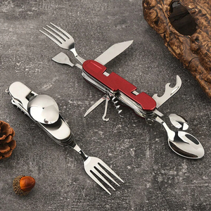 Juego de cubiertos plegables multifuncionales 10 en 1 de acero inoxidable para acampar al aire libre, con cuchillo, tenedor y cuchara, desmontables y ensamblables. - Product Image 1