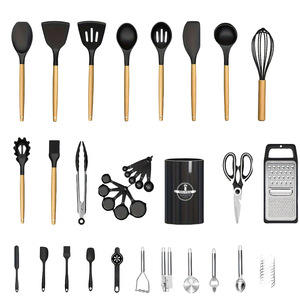 Juego de utensilios de cocina antiadherentes resistentes a altas temperaturas de 44 piezas con mango de madera negro, espátula de silicona, cuchara y utensilios para alimentos - Product Image 5