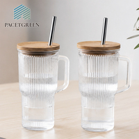 Gobelet en verre côtelé PACETGREEN avec poignée, couvercle en bambou, paille en acier inoxydable, tasse à café résistante à la chaleur pour boissons glacées