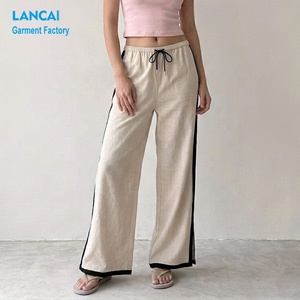<span class=keywords><strong>Pantaloni</strong></span> Palazzo Personalizzati in Misto Lino per Donna, Produzione OEM ODM, Vita Elastica, Striscia Laterale, Orlo Spaccato, Gamba Larga - Product Image 1