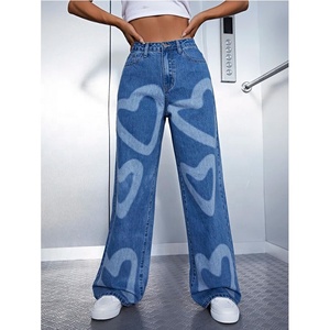 New Style Damen bedruckte Star Pants Herren Distressed Washed High Waist Wide Leg Skater <span class=keywords><strong>Jeans</strong></span>