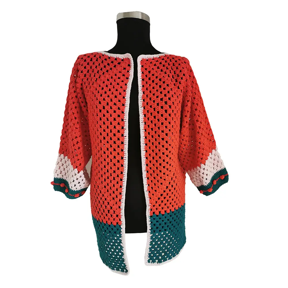 Suéter tejido a mano hecho a mano personalizado, diseño de empalme, abrigo de mujer, cárdigan largo suelto de ganchillo