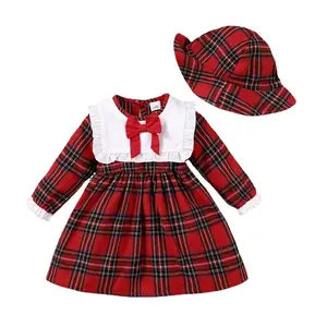 2024时尚圣诞红色格子女婴连衣裙带帽KGCD-008