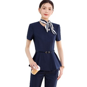 Flight Attendant Professional Suit Blue Peplum Skirt Set Mandarin Collar Office Lady Uniform Anti-Wrinkle Woven Fabric - Product Image 5