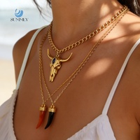 Collar SUMMLY de Acero Inoxidable Chapado en Oro de 18K con Colgante de Cuerno de Toro y Piedra Azul, Cadena Curb, Joyería Boho para Mujer, Regalo