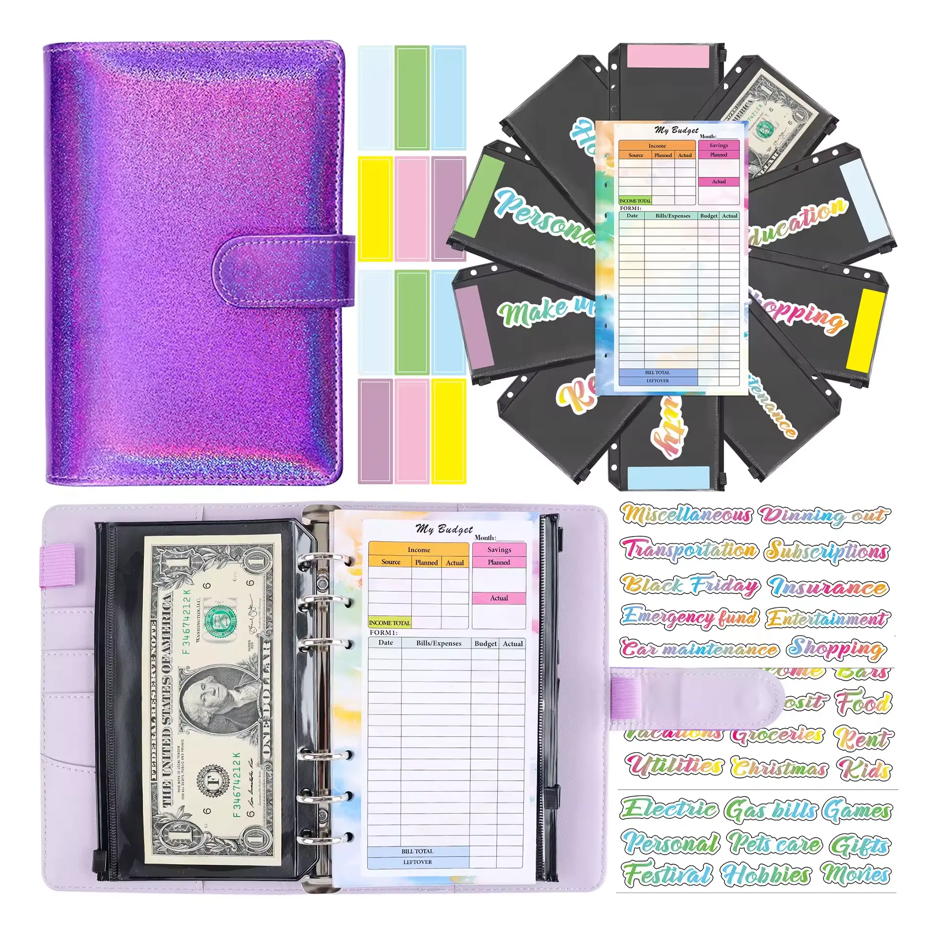 Cash Management Power Tools New Design 6-Ring PU Leather Budget Binder with Envelope Set