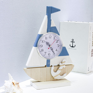 Wooden Sailboat Desk <b>Clock</b> With Anchor Design Silent Non Ticking Mediterranean Style For Bedroom Living Room Decor - Product Image 3
