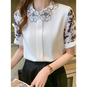 Blusa de Mujer Elegante de Chifón con Estampado Floral Vintage, Cuello Peter Pan y Manga Corta para Verano, Nueva Colección 2026 - Product Image 2