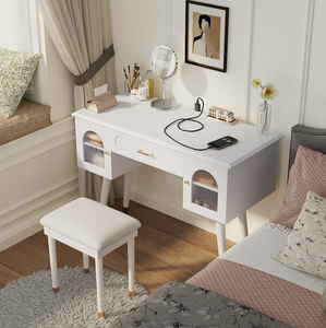 Elegant Modern Lighted <b>Vanity</b> Makeup <b>Table</b> & Chair Set with Solid Wood Storage Dressing and Writing Desk - Product Image 1