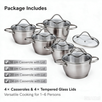 Ensemble de casseroles en acier inoxydable de qualité supérieure, antiadhésif, avec couvercles en verre, compatible avec les cuisinières à induction, à gaz et électriques, passe au lave-vaisselle