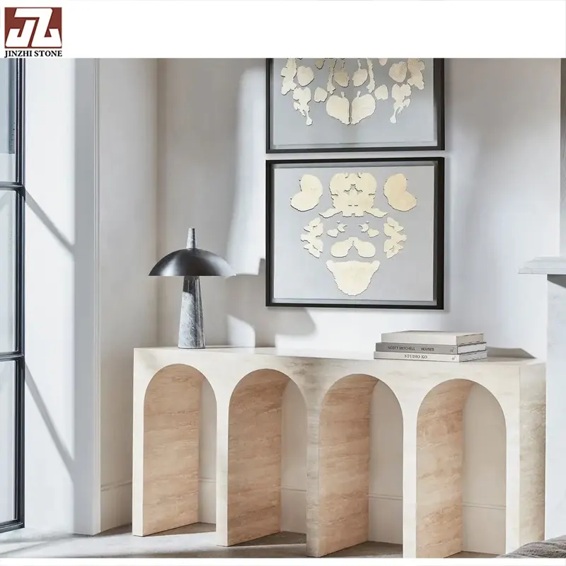 Luxury Hotel Custom Beige Travertine Stone Console Table Home Bar Top Natural Living Room Dining Table Furniture Graphic Design