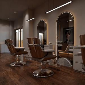 Chaise <span class=keywords><strong>de</strong></span> barbier en bois sur mesure avec miroir LED en arc, design moderne minimaliste pour <span class=keywords><strong>salon</strong></span> <span class=keywords><strong>de</strong></span> coiffure féminin, design d'intérieur complet - Product Image 2