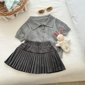 Tongxingyuan Girls' Knitted Polo Shirt And Pleated Skirt Set Grey Cotton Summer Outfit For Children - Product Image 4
