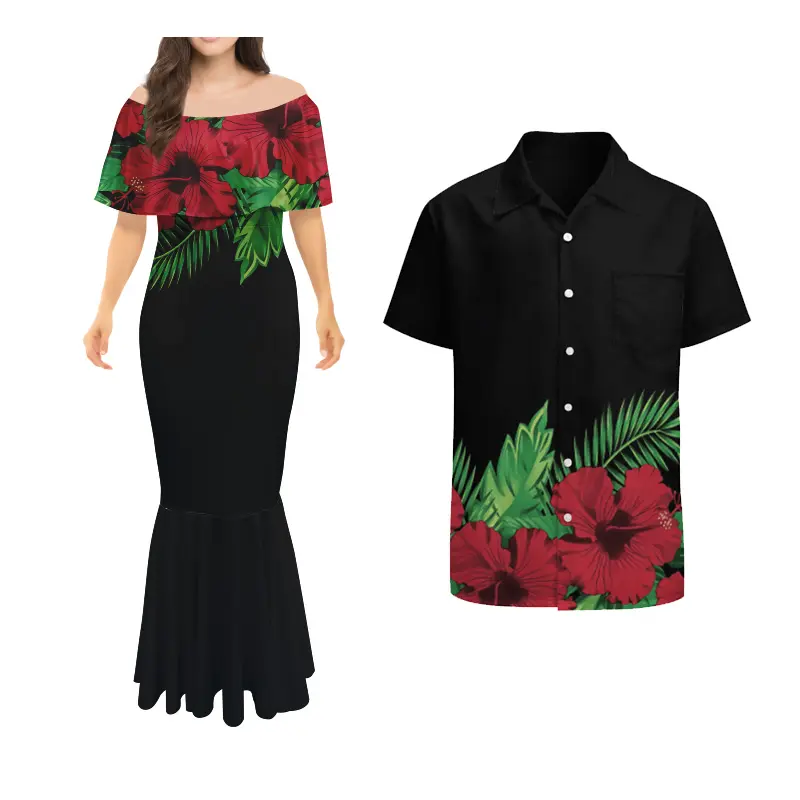 Groothandel Polynesische Jurk Stretchy Custom Logo Bloem Meisjesjurken Vrouwen Sexy Hawaii Hibiscus Paar Kleren Knoop Shirts