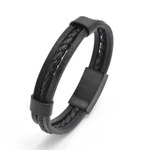 New Arrival Custom Wholesale Men Black Stainless Steel Costume Jewelry Verified Supplier Microfiber Leather Bracelet