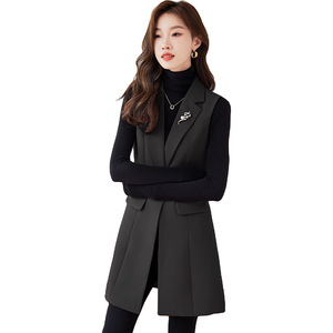 Women's Mid Length Slim Fit Suit Vest Burgundy Solid Color Polyester Worsted Fabric Spring Autumn Wear - Product Image 5