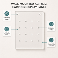 Présentoir mural personnalisé en acrylique transparent pour boucles d'oreilles, 16 trous, grille 4x4, organisateur de bijoux, impression UV, logo OEM, vitrine de vente au détail