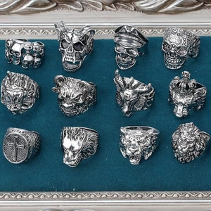 Joias Punk, Anéis Abertos Chunky Vintage em Prata com Cabeça de Leão, Cabeça de Lobo, Cabeça de Tigre, Cabeça de Touro, Cabeça de Caveira, Presentes para Homens - Product Image 2