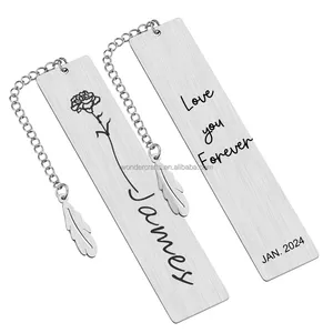 Custom Personalized Name Birthday Gift Flower Design Bookmark Never Fade Stainless Steel Plate Metal Bookmark with Feather Charm