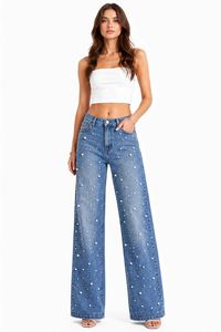 Jeans da Donna a Vita Alta e Gamba Larga con Ricami di Paillettes, Lunghezza Intera, Blu Stonewashed - Product Image 1