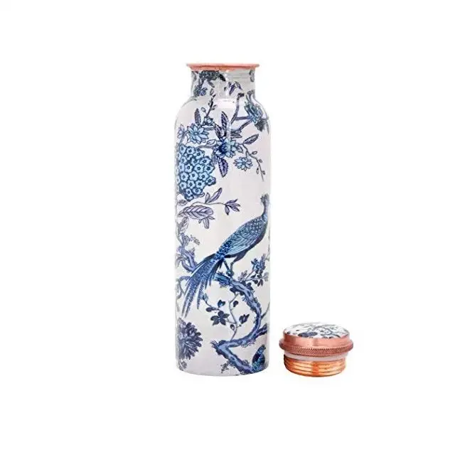 Top Selling Excellent Quality Peacock Print Joint Less Leak Proof Pure Copper Water Bottle At Affordable Price From India