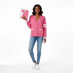 Women's Pink Knitted <b>Cardigan</b> V-Neck Full Sleeve Preppy Style <b>With</b> <b>Pockets</b> 100% Acrylic Single Breasted Casual Wear - Product Image 1