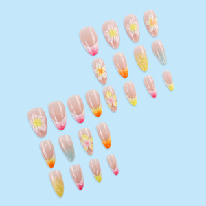 Faux ongles à presser faits main, dégradé rose nude et <span class=keywords><strong>orange</strong></span> chaud, avec accent floral 3D Plumeria, forme amande moyenne, pour vacances d'été - Product Image 4