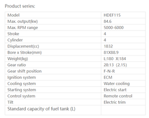 Nouveau moteur hors-bord à essence 115 CV 4 temps 4 cylindres HDEF 115 avec commande à barre et télécommande, en acier, refroidi par eau - Product Image 4