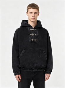 Felpa con Cappuccio Vintage Lavata, Pullover con Mezza Zip e Fibbia Metallica, Felpa Oversize da Uomo Stile Streetwear Pesante - Product Image 2