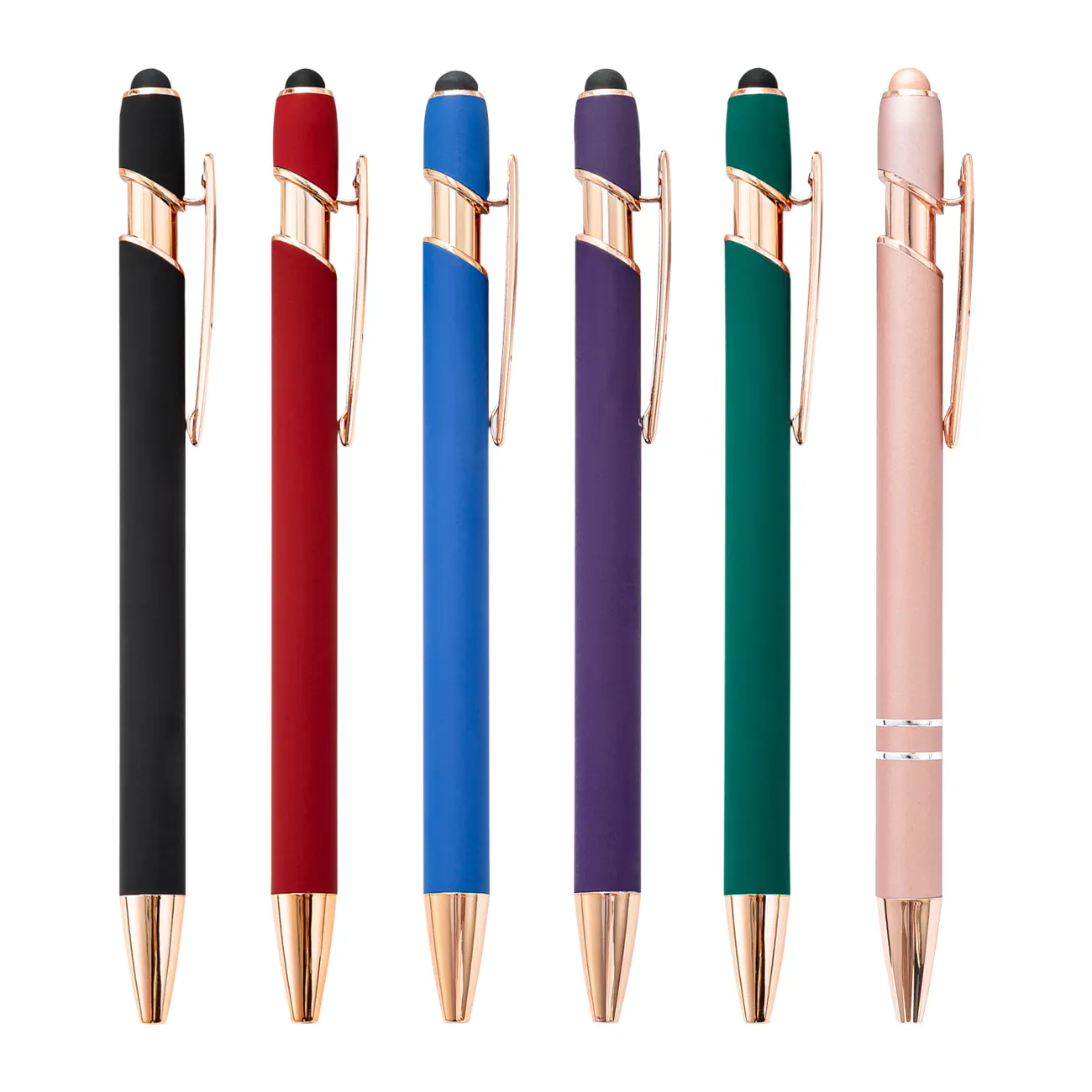 Роскошная шариковая ручка с логотипом, стилус с мягким сенсорным экраном, розовое золото, металлическая офисная ручка, пружинный заказ, оптовая продажа в Китае, новая