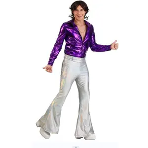 Pantaloni da discoteca da uomo in metallo lucido anni '70 per adulti pantaloni lunghi per il tempo libero pantaloni svasati con fondo a campana Costume