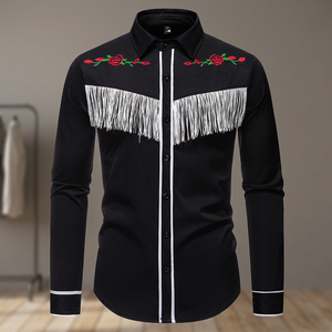 Nouvelle Chemise Habillée Homme Tendance Col Montant Broderie Florale Teinte en Pièce Crochetée Écologique Manches Longues pour Fête d'Automne - Product Image 3