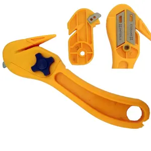 promotional Yellow Custom order logo OEM Plastic Curved handle Safety carton Box Cutter with spare part blade