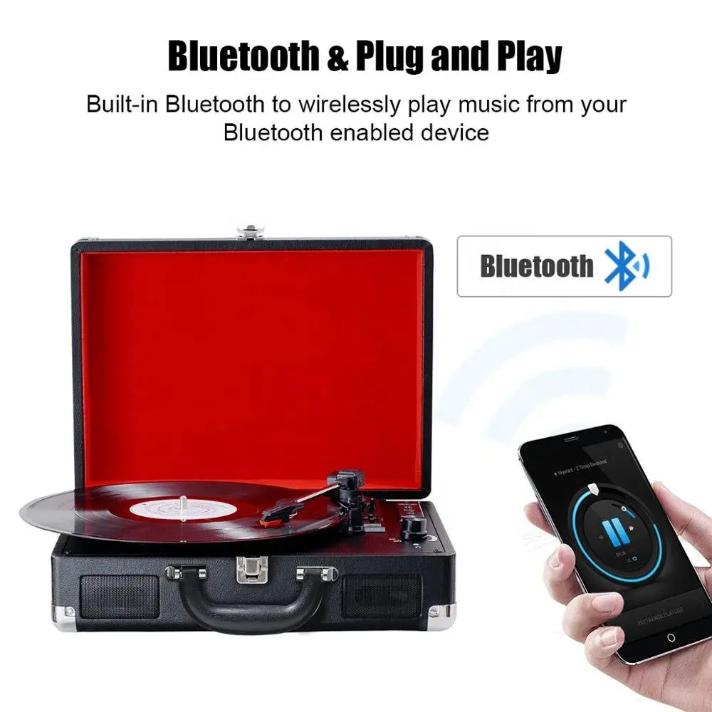 Valise Tourne-disque vinyle Bluetooth Rétro Disque vinyle USB SD Tourne-disque en bois