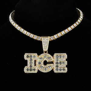 Hip Hop Icy Bling Collier Bijoux Hommes Iced Out Plaqué Or Strass Diamant ICE Lettres Pendentif Avec Chaîne À Maillons De Tennis - Product Image 2