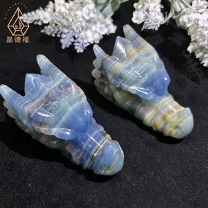 Kindfull Wholesale Natural Stone Blue Onyx Dragon Heads Healing Crystal Quartz Crystal Crafts Carving Skulls