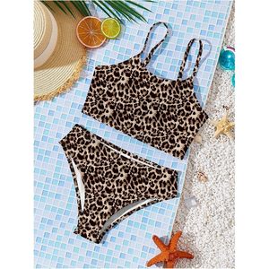 FOXA Ensemble de maillot de bain 2 pièces imprimé guépard pour fille, haut à bretelles spaghetti, bas à coupe haute, tissu extensible - Product Image 2