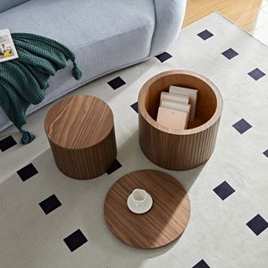 Ensemble de 2 tables basses rondes artisanales DB en MDF imbriqué de couleur noyer pour salon/salon - Product Image 2