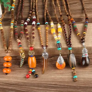 De gros africain en bois colliers hommes s-Colliers en pierre naturelle bouddhiste de Style chinois, pour femmes et hommes, perles en bois du népal, pendentif à longue chaîne, corne ethnique, nouveauté