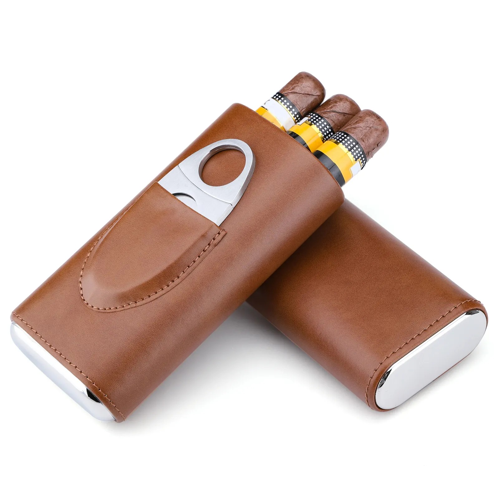 WSY Premium 3-Finger Brown Leder Zedernholz ausgekleidet Zigarren etui Humidor mit Silber Edelstahl Cutter für die Reise