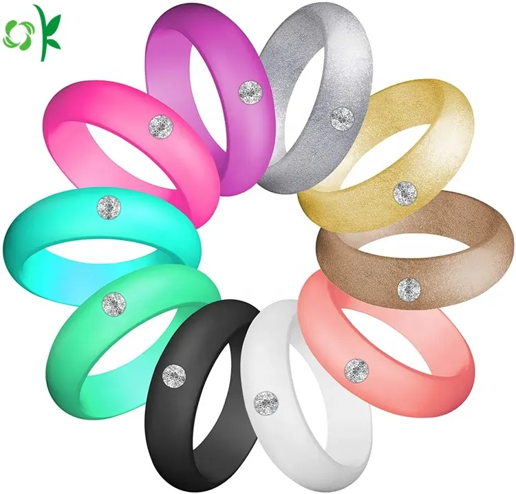 Oksilicone 10-Pack Ergonomic Breathable Design Silicone Wedding Ring Dual Color Diamond Rubber Printed Pattern-for Promotions