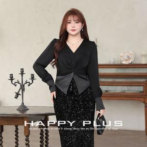 Elegant V Neck Satin Blouse Fitted Waist Spliced Design Jet <b>Black</b> <b>Long</b> <b>Sleeve</b> Wrap Tie <b>Top</b> Women Evening Wear N8982 - Product Image 5