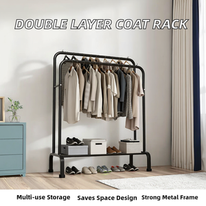 Modern Floor Double Iron Layer Coat <b>Rack</b> with Drying and Shoe Storage for Living Room and Bathroom - Product Image 2