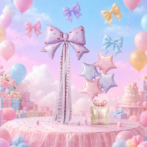 Set de 6 Globos de Mylar con Borlas, Lazos y Estrellas, Estilo Femenino y Adorable, Decoración para Fiestas de Cumpleaños, Ambiente Dulce - Product Image 3